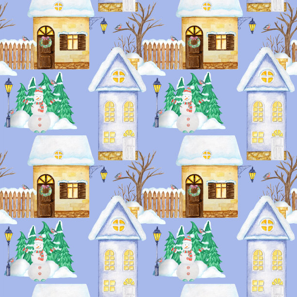无缝模式水彩圣诞冬季房子与雪的屋顶。圣诞树、雪人、篱笆、路灯、雪堆。蓝色，黄色的房子，紫色的背景。织物、纸张纹理图片下载