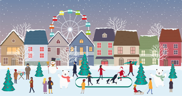 圣诞集市，冬天的城市景观，房子，人，北极熊，滑冰。在除夕、新年和圣诞假期的冬季城市生活全景。图片下载