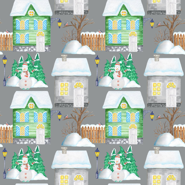 无缝模式水彩圣诞冬季房子发光的窗户和屋顶上的雪。圣诞树，雪人和雪堆。灰色背景上的亮绿色房子。织物、纸张纹理图片下载