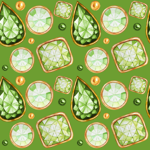 无缝图案水晶在一个黄金框架和珠宝珠子。手绘水彩绿色宝石钻石。圣诞亮色面料质感。绿色背景剪贴簿图片下载