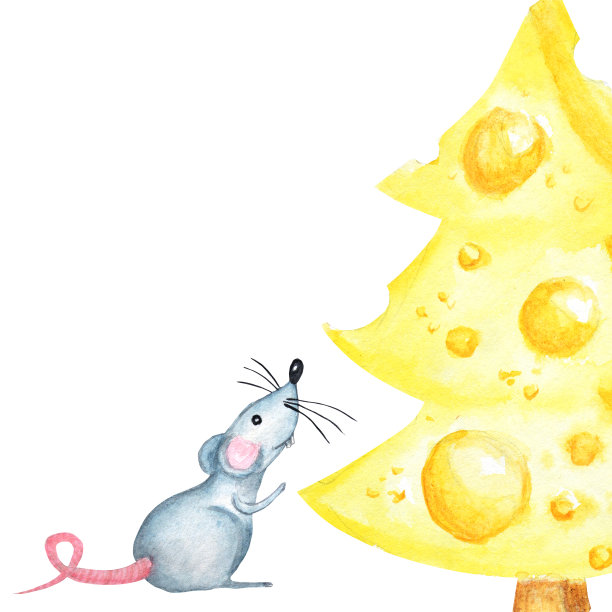 有老鼠的圣诞奶酪树。2020年的新年贺卡。水彩画一片三角形的黄色奶酪。老鼠最喜欢的食物。白底插图图片下载