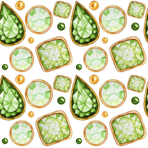 无缝图案水晶在一个黄金框架和珠宝珠子。手绘水彩绿色宝石钻石。圣诞亮色面料质感。白色背景剪贴簿图片下载