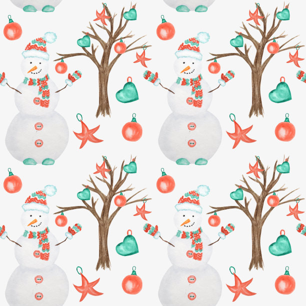 无缝模式的新年圣诞树和雪人在白色的背景。手绘复古卡片，织物纸纹理设计。水彩冬季自然插画图片下载