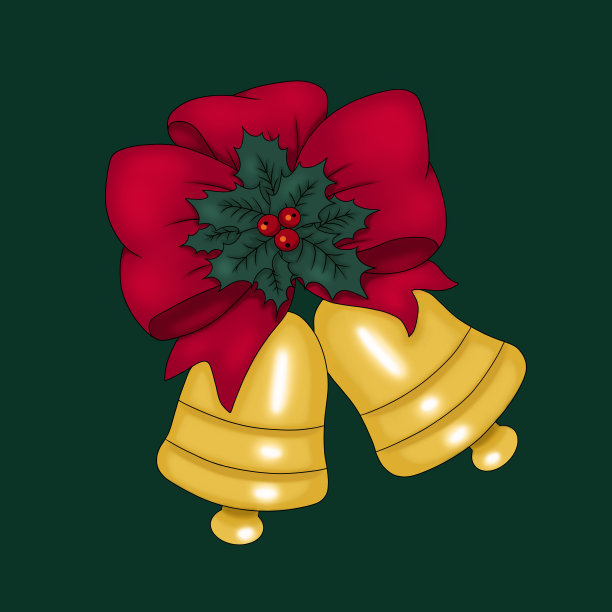 圣诞节的象征:两个带蝴蝶结的铃铛和冬青果。在绿色背景上隔离的物体用于圣诞和新年节日装饰。图片下载