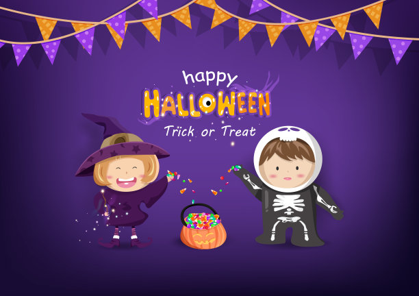 万圣节快乐，可爱的贺卡，孩子和朋友穿着女巫，骷髅服装吉祥物，恶作剧或招待，可爱的卡通人物儿童庆祝派对邀请矢量背景图片下载