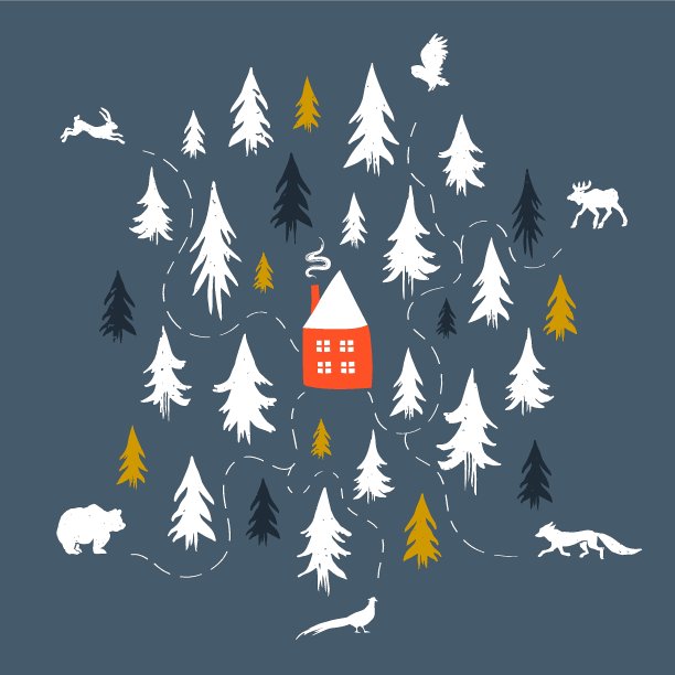 野生动物在松林和小屋的设计。矢量图图片下载