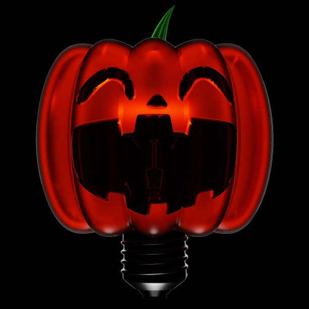 3D概念白炽灯灯泡与南瓜形状的玻璃隔离在黑色背景图片下载