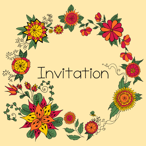 邀请在一个圆圈的花在一个圆圈矢量插图手绘在婚礼贺卡图片下载