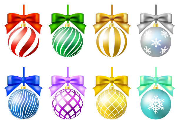 彩色圣诞装饰品和丝带集素材图片