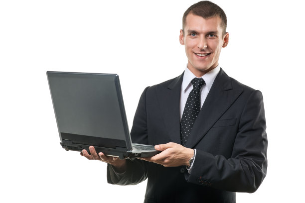 愉快的商务人士拿着笔记本电脑，看着相机图片下载