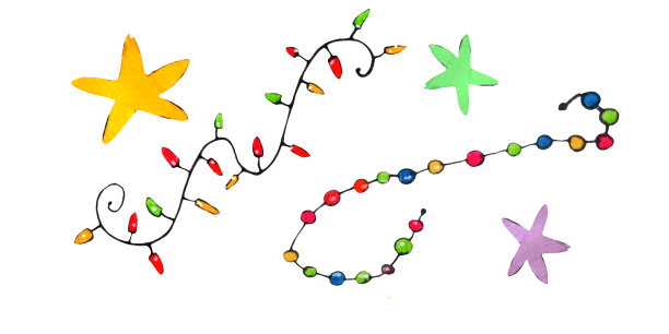 水彩圣诞装饰，彩色的花环和星星图片下载