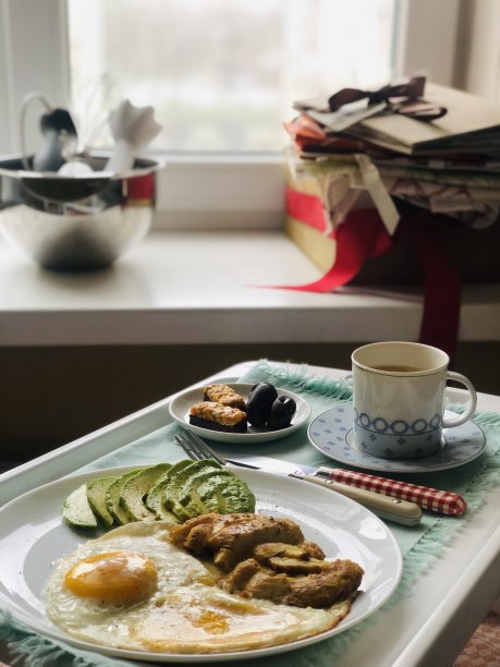自制早餐，托盘上有鸡排、煎蛋和鳄梨图片下载