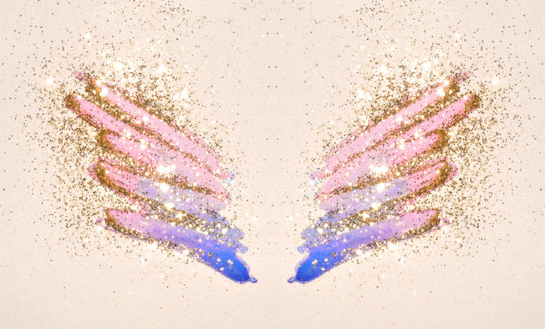 金色的闪光在抽象的粉红色和蓝色水彩翅膀在复古怀旧的颜色。图片下载