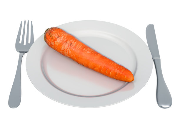 用叉子和刀在盘子上的新鲜胡萝卜，3D渲染孤立的白色背景图片下载