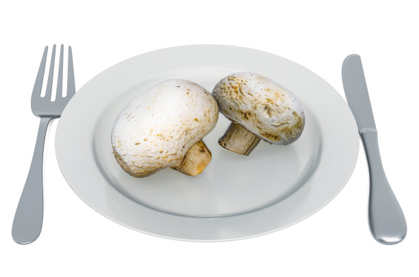 新鲜的香菇与叉子和刀盘，3D渲染孤立的白色背景图片下载
