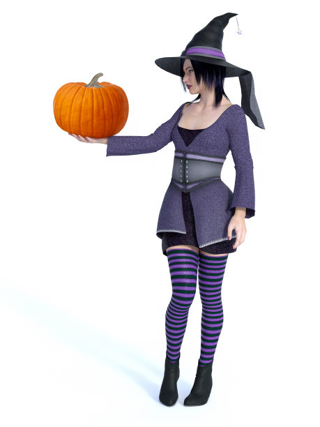 女巫拿着南瓜的3D渲染。图片下载