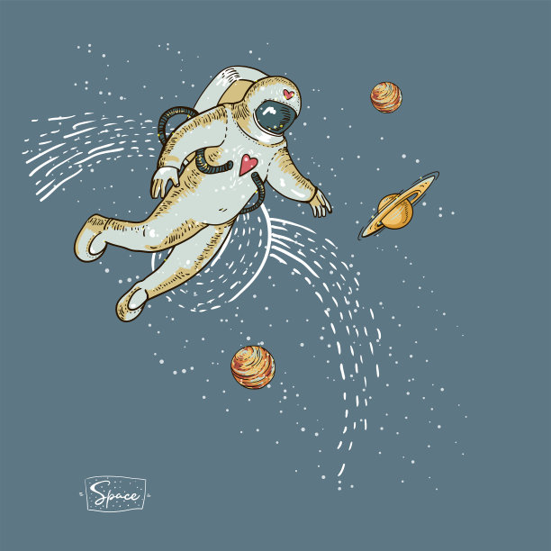 在太空，行星和恒星的老式矢量宇航员。科幻小说，手绘插画素材图片