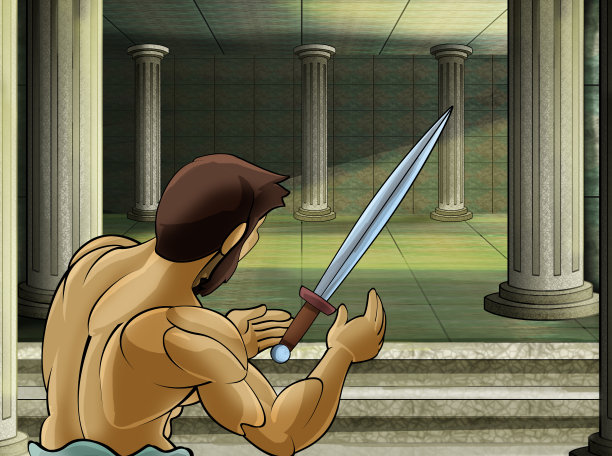 带有罗马或希腊古代人物的卡通场景，靠近一些古代建筑，如神庙图片下载