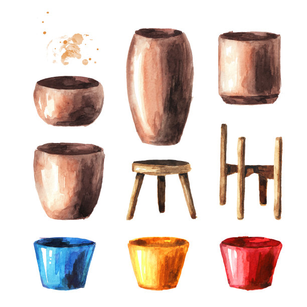 花盆。水彩手绘插图孤立的白色背景图片下载