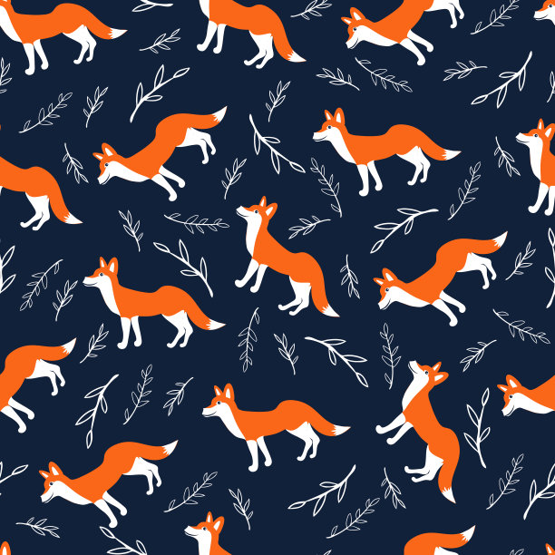 无缝矢量图案可爱卡通狐狸，野生动物孤立在深蓝色的花卉背景，狐狸背景，彩色装饰纹理设计的贺卡，织物，包装纸，邀请图片下载
