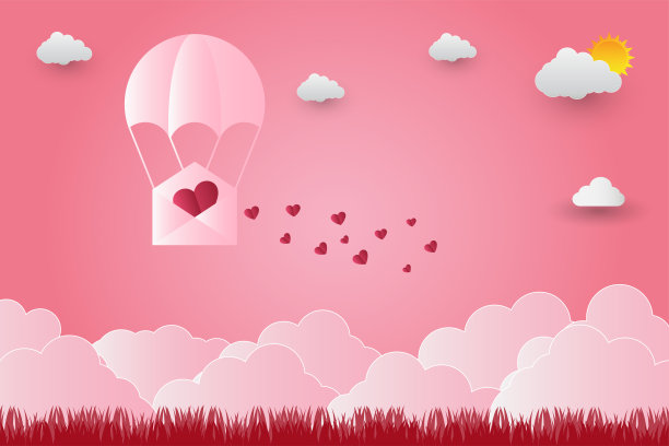 情人节气球以心形飞过草景背景，纸制艺术风格。矢量插画家图片下载