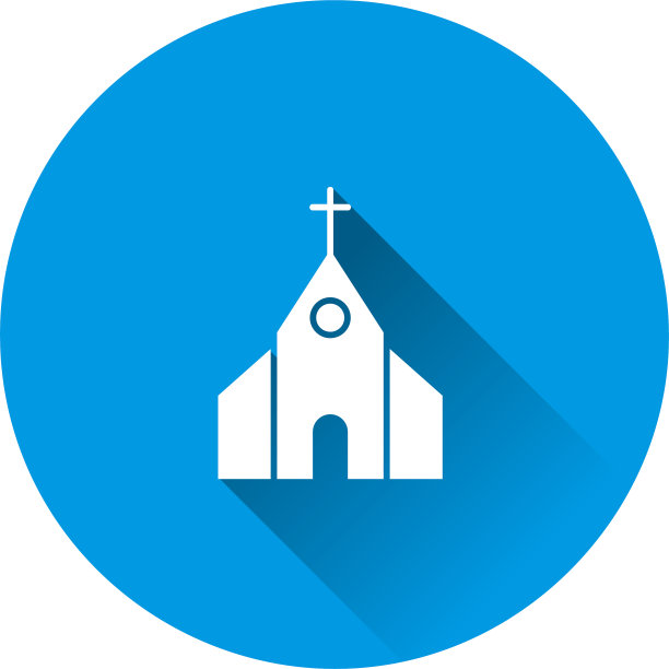 教堂建筑图标。矢量宗教教堂插图在蓝色的背景。平面图像与长阴影。图片下载