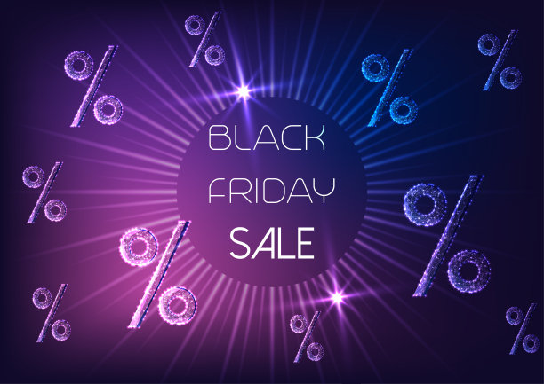 未来的黑色星期五促销概念与发光百分比标志，星爆和文字。图片下载