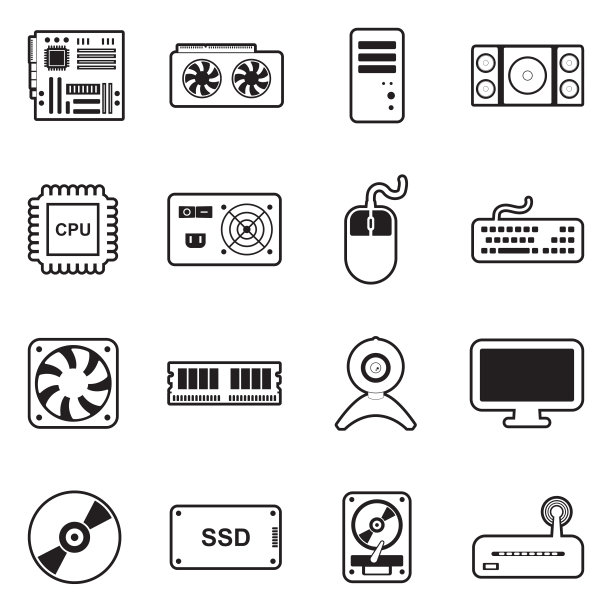 计算机部件图标。线条与填充设计。矢量插图。图片下载