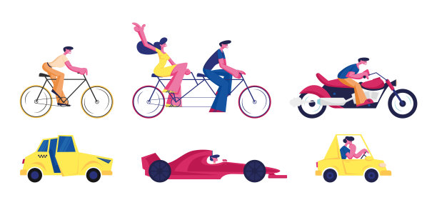 不同类型的交通工具和乘客在白色背景上设置隔离。采购产品自行车，双人自行车，摩托车，出租车，出租车赛车和轿车。人们使用自动卡通平面矢量插图，剪辑艺术图片下载