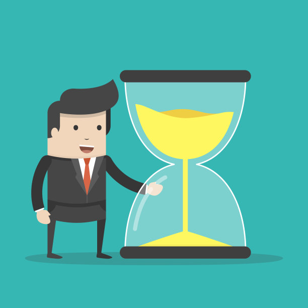 商人或经理看沙漏。时间管理的概念。平的卡通风格。矢量插图。素材图片