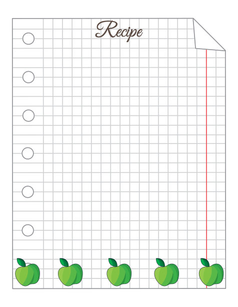 叶子在笼子里。一张记事本。便条纸。纸的菜谱。配绿苹果装饰的食谱纸。图片下载