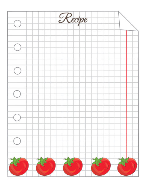 叶子在笼子里。一张记事本。便条纸。纸的菜谱。配番茄装饰的食谱纸。图片下载