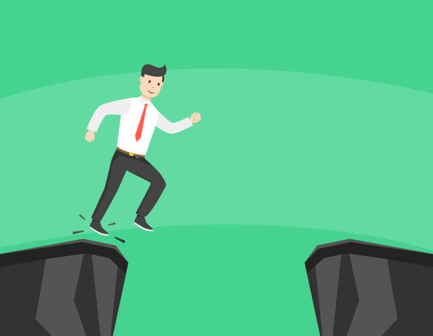 商人从岩石的缝隙中跳过去。商业成功、挑战、风险、勇气的象征。平的卡通风格。矢量插图。图片下载