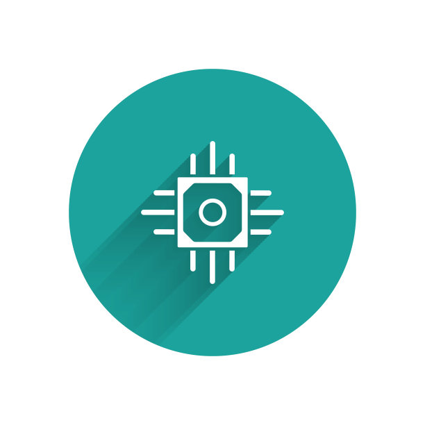 白色处理器图标孤立与长阴影。中央处理器，中央处理单元，微芯片，微电路，计算机处理器，芯片。绿色圆圈按钮。矢量图图片下载