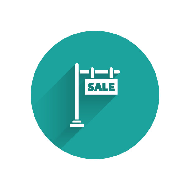 白色悬挂标志与文字销售图标孤立与长影子。招牌上有文字销售。绿色圆圈按钮。矢量图图片下载