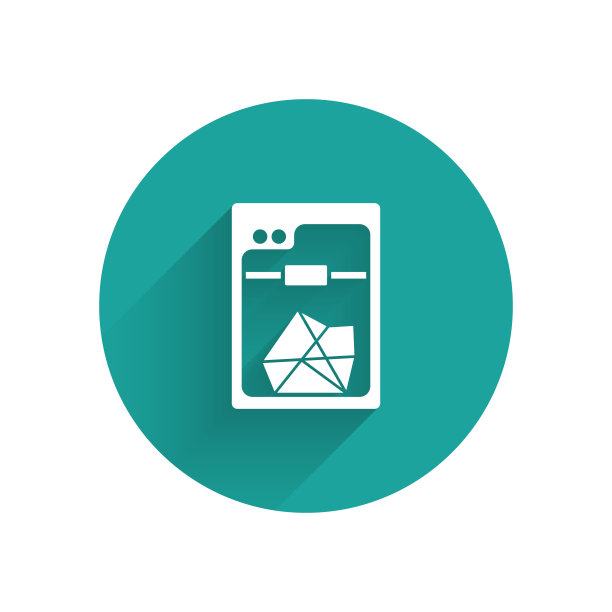 白色3D打印机图标孤立与长阴影。绿色圆圈按钮。矢量图图片下载