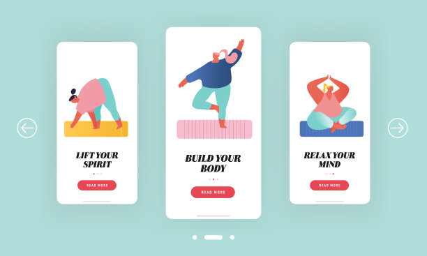 瑜伽课程和体育活动移动应用程序页面板上屏幕设置。瑜伽女性健身锻炼在不同的姿势，运动运动的概念为网站或网页，卡通平面矢量插图图片下载