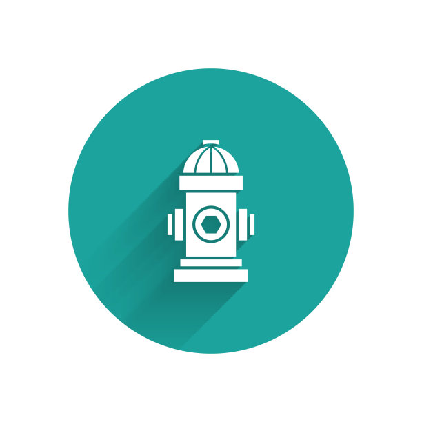 白色消火栓图标与长阴影隔离。绿色圆圈按钮。矢量图图片下载