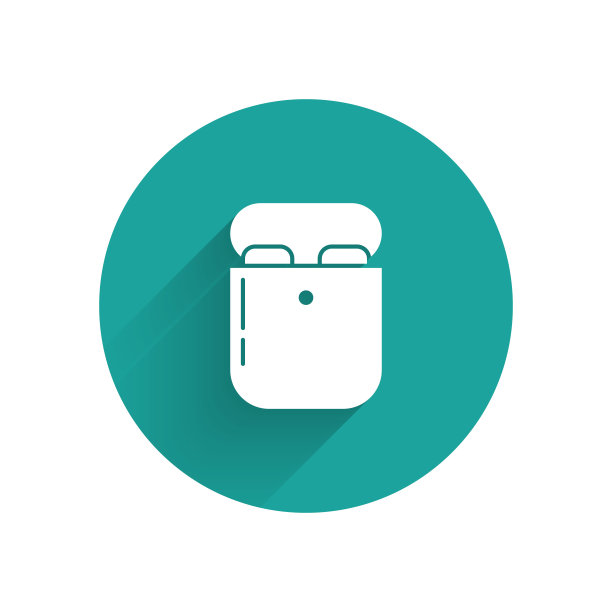 白色空气耳机盒图标图标孤立与长阴影。Holder无线，以防耳机，装饰品，电子小玩意。绿色圆圈按钮。矢量图图片下载