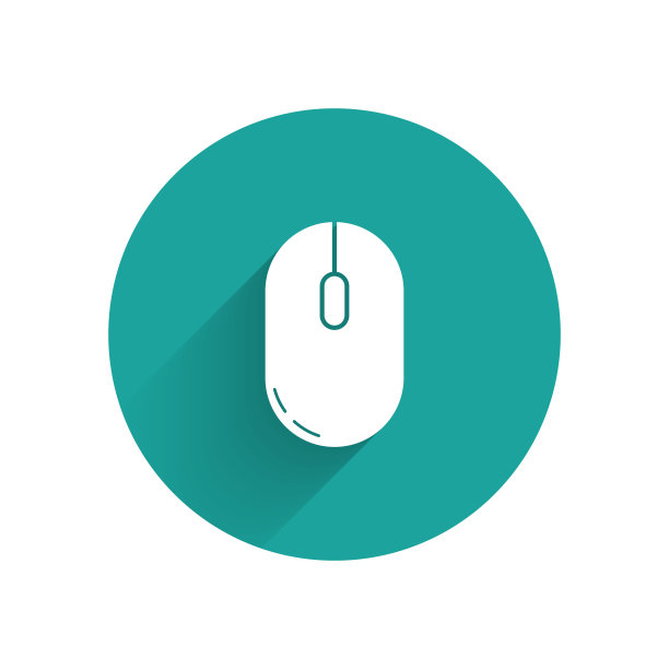 白色鼠标图标与长阴影隔离。光学与车轮符号。绿色圆圈按钮。矢量图图片下载