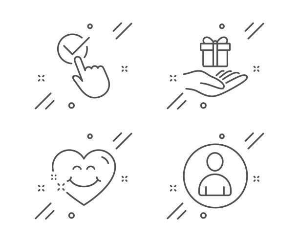 复选框，笑脸和忠诚程序图标设置。《阿凡达》的迹象。认可，爱的心，礼物。用户配置文件。向量图片下载