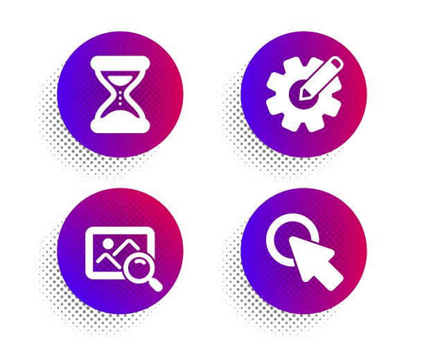 齿轮，搜索照片和时间图标设置。点击这里的迹象。编辑设置，查找图像，时钟。按钮。向量图片下载