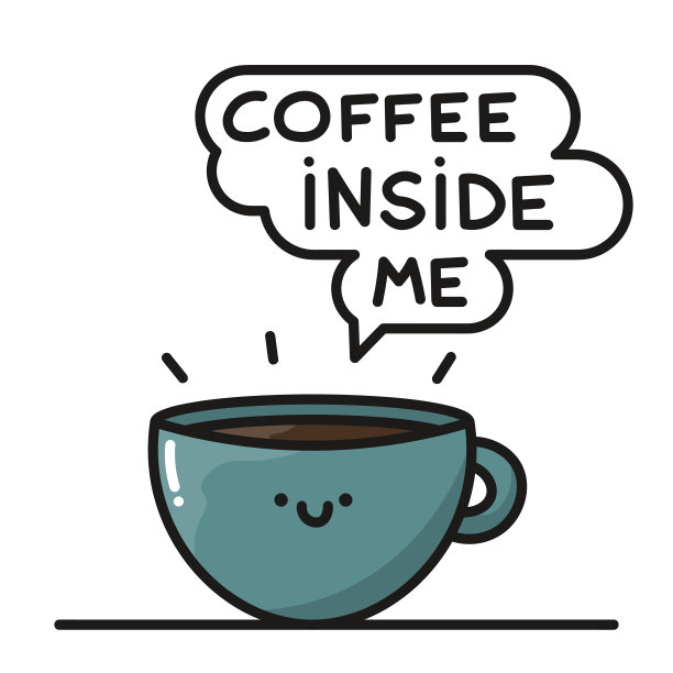 马克杯或杯子的图片，人物。短语云，蒸汽，“咖啡在我体内”。图片下载