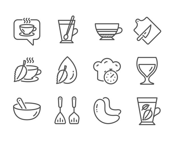 食物和饮料的图标，如烹饪混合，水滴，薄荷叶。向量图片下载