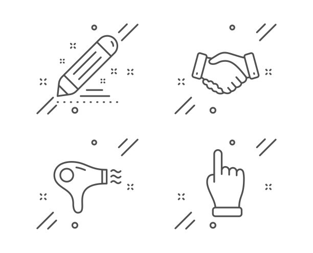 吹风机，员工握手和品牌合同图标集。单击手势语。向量图片下载