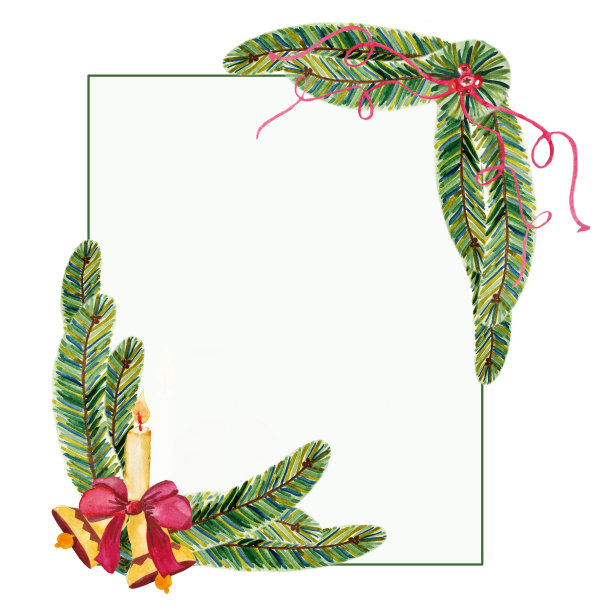 水彩。松枝、蜡烛、铃铛和丝带。节日的框架。用于卡片的设计图片下载