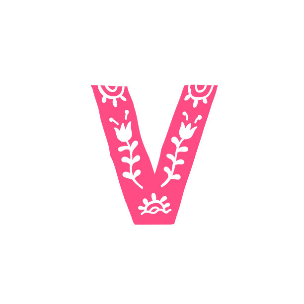 字母V.带有装饰的粉红色字母。贴花的衣服。公司的标志。图片下载