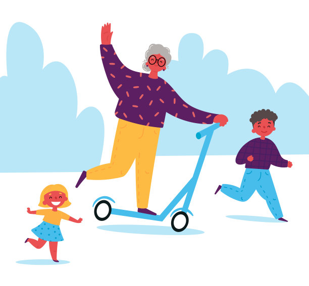 祖母和她的孙子们一起骑踏板车图片下载