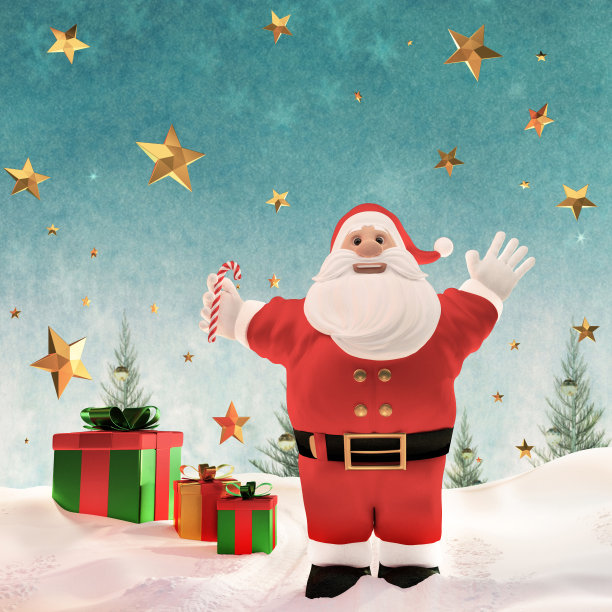 三维插图微笑的胖乎乎的圣诞老人站在雪与礼物图片下载