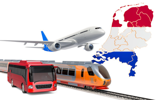 荷兰的公交、火车和飞机客运，概念。3D渲染孤立的白色背景图片下载